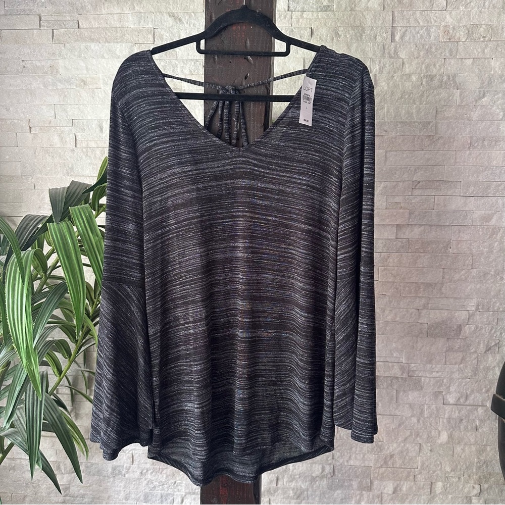 LOFT Black Grey Heather Double V Bell Sleeve Blouse Size L New with Tags